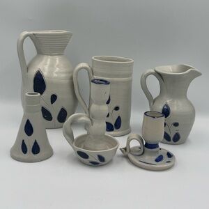 Williamsburg Pottery Salt Glaze Cobalt Blue Leaf 6pc Set